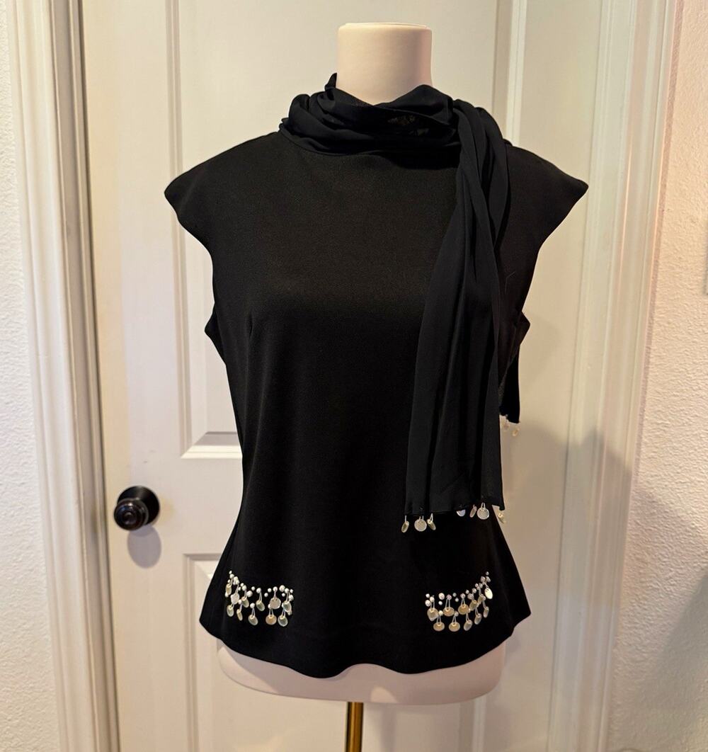 Vintage Black Mod 60s GoGo Top Dangling Pearl Disks w/ Attached Scarf Zip Back